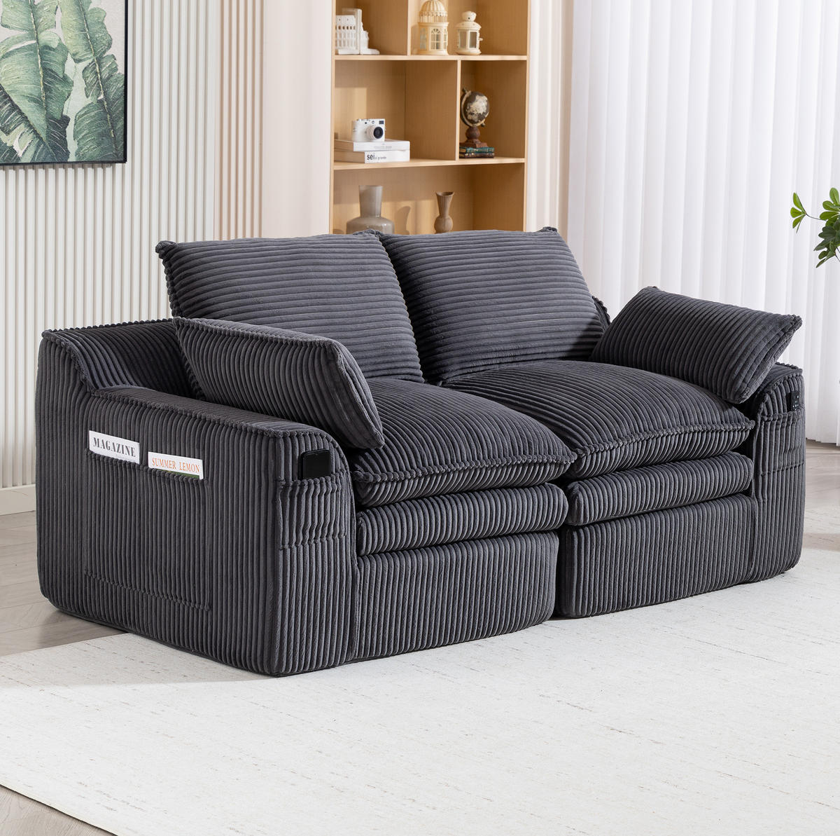 2-SITZER Sofa aus Cord 191x94x85 cm Dunkelgrau mit Seitentaschen, Kissen und Federkern - Dunkelgrau, Textil (191/85/94cm) - Modfu