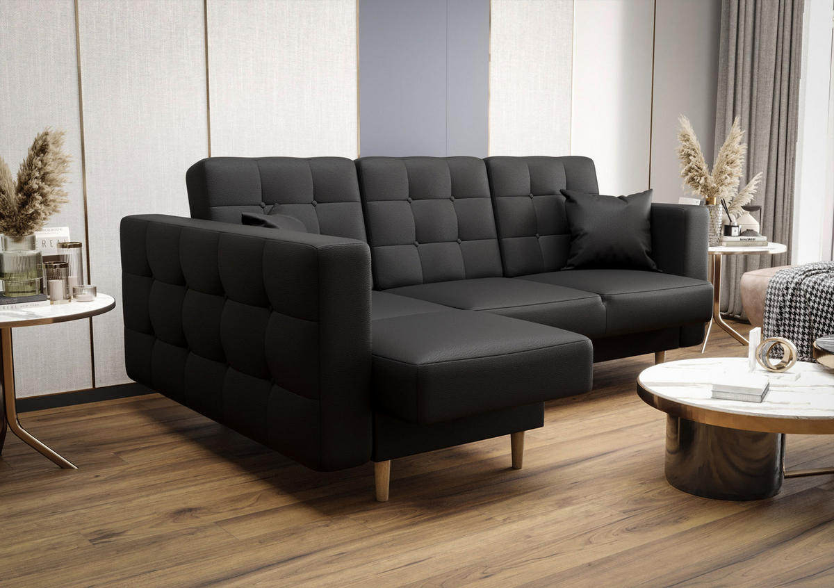 ECKSOFA KONGO RBN12, Eckcouch in L-Form mit Schlaffunktion, Farbe: Schwarz, Kunstleder, Ottomane Links - Schwarz, Textil (225/158cm) - O-Sofa
