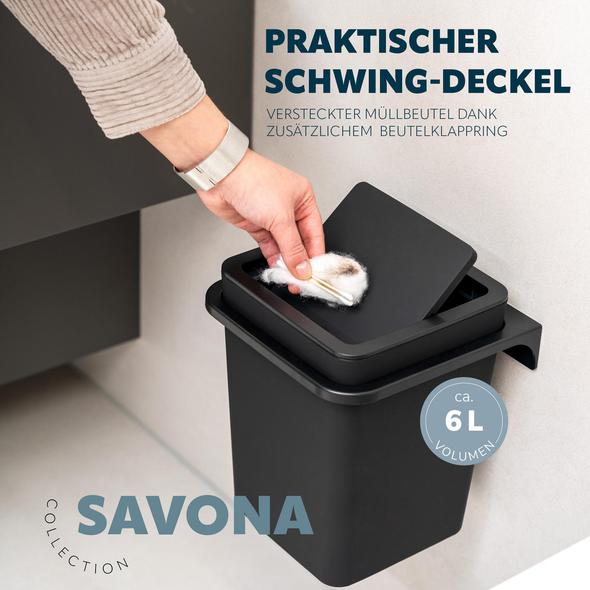 WC-GARNITUR 2-TLG. Bürste u. Eimer SAVONA Softtouch inkl. Wandhalterung, eckig - schwarz - Schwarz, Kunststoff (18/25/21cm) - bremermann