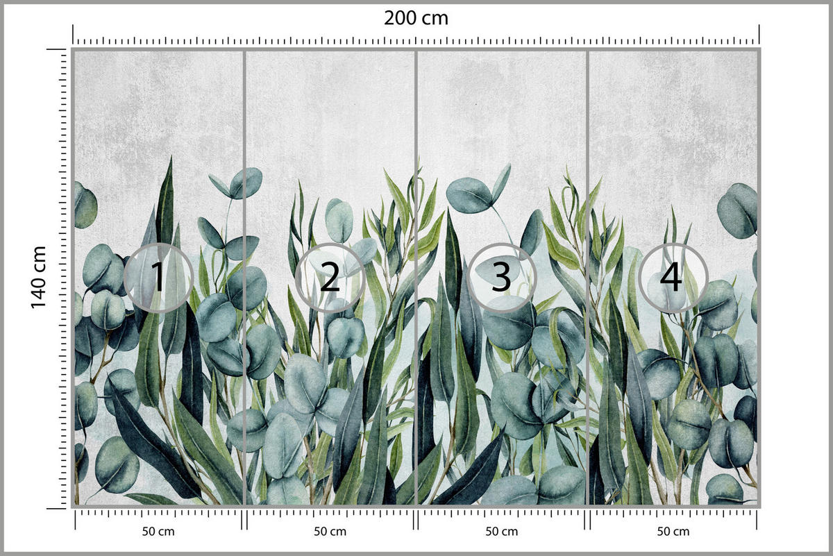 FOTOTAPETE für Wohnzimmer Blätter Beton Aquarell 200x140 - Grau/Grün, Papier (200/140cm) - Muralo