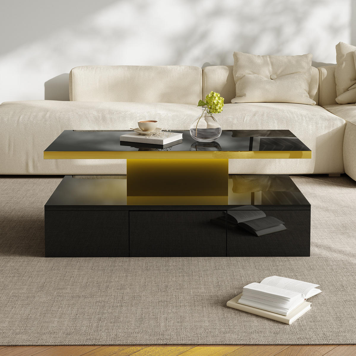 COUCHTISCH Hochglanz mit 2 Ebenen, Schubladen und LED-Licht - Schwarz, Holzwerkstoff (100/50/39cm) - Korfee