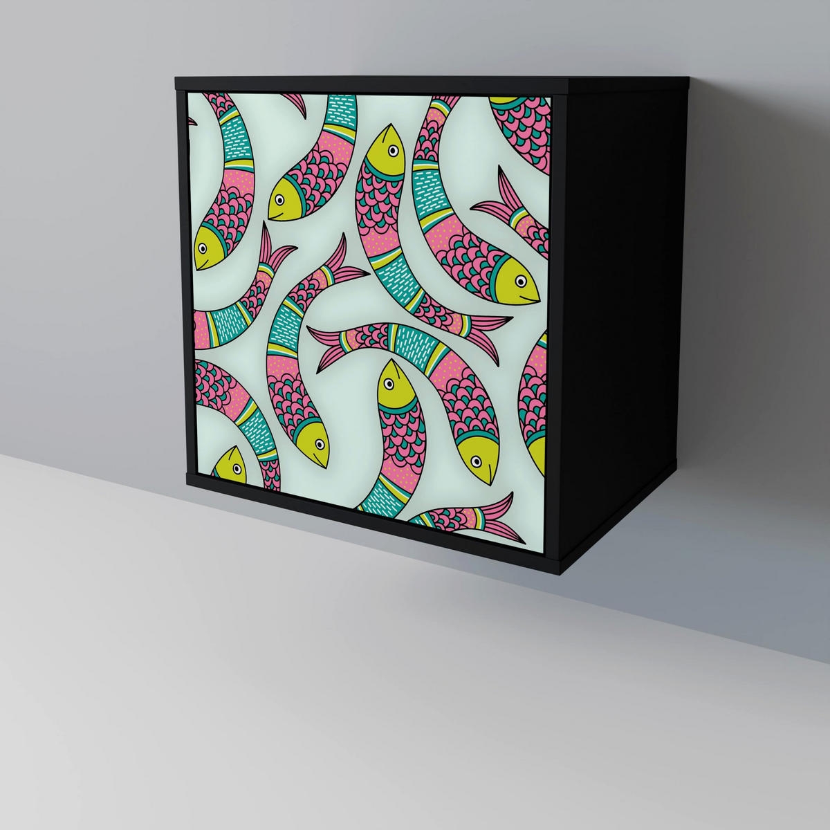 SIDEBOARD INDIAN FISH, Schwarz, 57,5x42x67,5 cm, Schwarze Metall-Rahmenfüße - Multicolor/Schwarz, Holzwerkstoff/Metall (57.5/67.5/42cm) - SpaceRebels