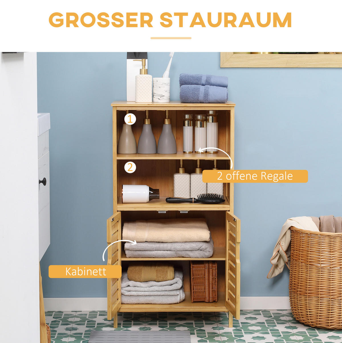 BADEZIMMERSCHRANK 50x29x92 cm Natur aus Bambus mit Doppelschrank & Lamellentür - Naturfarben, Naturmaterialien (50/92/29cm) - Modfu