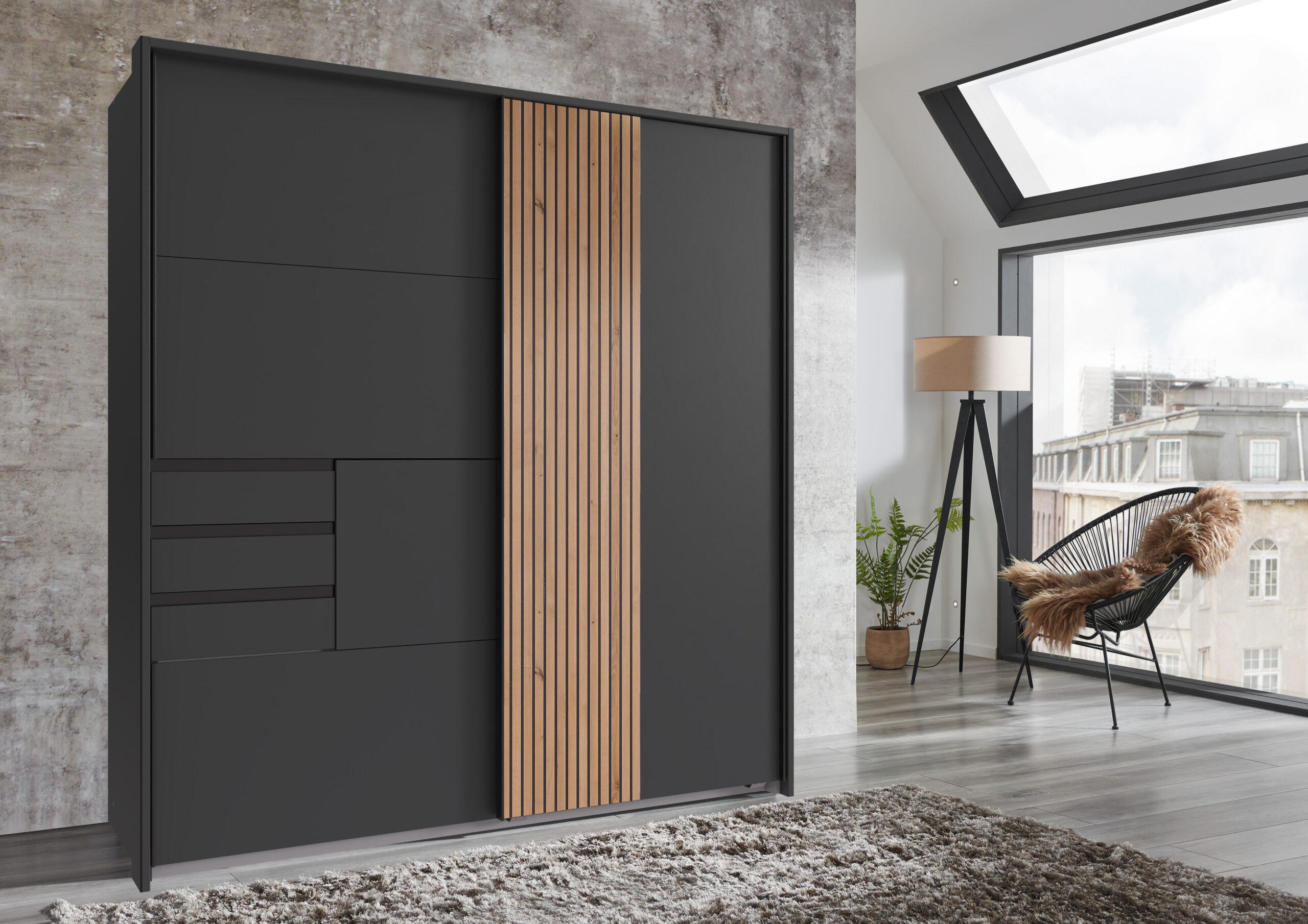 PASSEPARTOUTRAHMEN zu Kleiderschrank Coburg in Grafit mit Eiche Artisan mit Akustiklamellen - Grau, Holzwerkstoff (183/200/12cm)