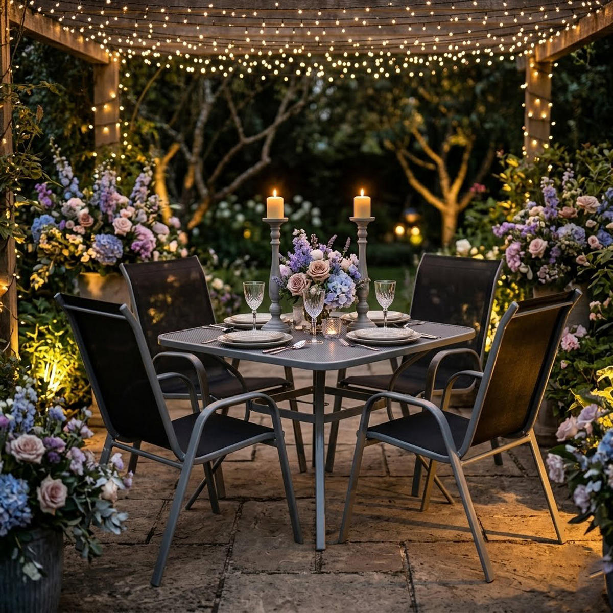 GARTENSESSEL Soratte - Metall silbergrau + Textilgewebe schwarz, 4-er Set - Silberfarben, Metall (56/95/71cm) - TPFGarden