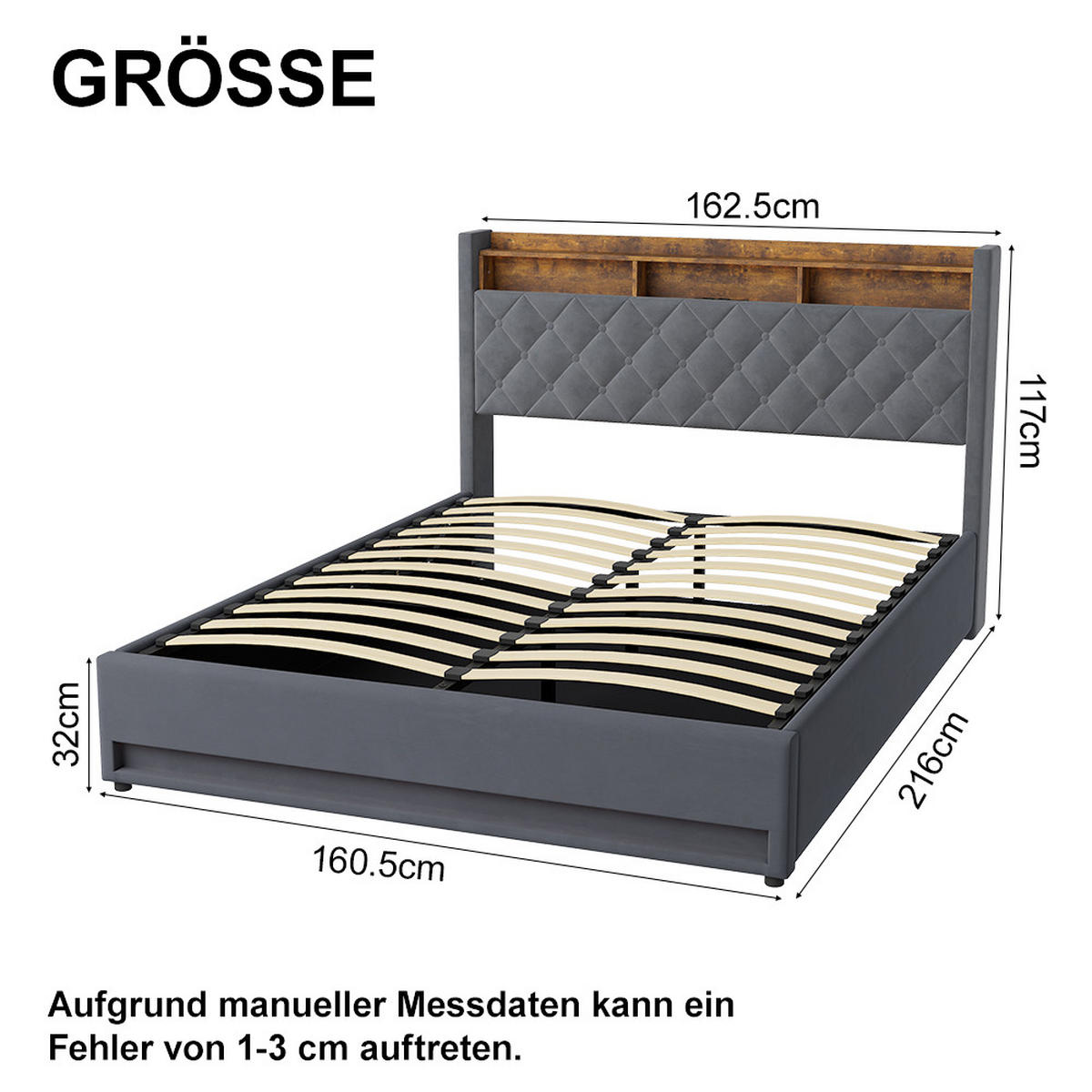 POLSTERBETT 160/200 cm mit Bettkasten und Steckdose Boxspringbett mit USB und LED-Licht Stauraumbett ohne Matratze - Grau, Holzwerkstoff/Textil (160/200cm) - STILVORA
