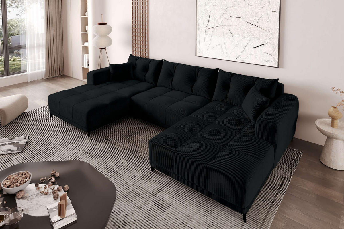 WOHNLANDSCHAFT Massimo Cordstoff Schwarz inkl. Schlaffunktion - Schwarz, Textil/Metall (356/94/181cm) - 99rooms