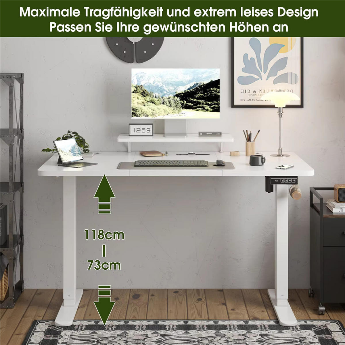 SCHREIBTISCH 160/70/73-118 cm elektrisch höhenverstellbar Monitorständer Weiß - Weiß, Holz (160/70/73cm) - Kaket