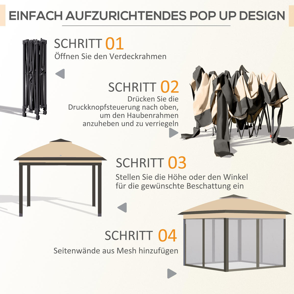 PAVILLON 3,3x3,3m, wasserabweisend Stabil Winterfest Pop-up Faltpavillon Beige - Beige, Metall (330/288/330cm) - Outsunny