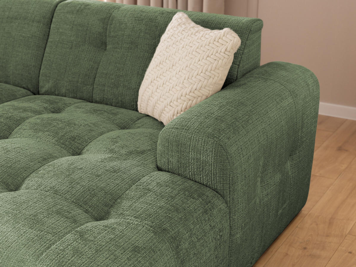 ECKSOFA Kozy im Bumpy-Design mit fester Rückenlehne aus weichem Grün Chenille-Stoff - Ottomane rechts - Schwarz/Grün, Holz/Kunststoff (234/161cm) - S-Style Möbel