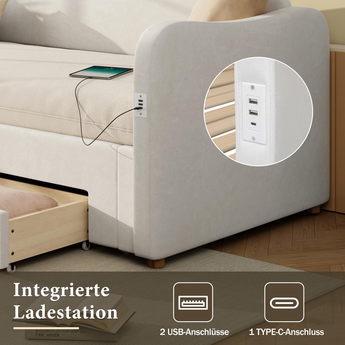 POLSTERBETT 90/200 cm Beige aus Samt mit Ausziehfunktion - Beige, Textil - OKMYHOME