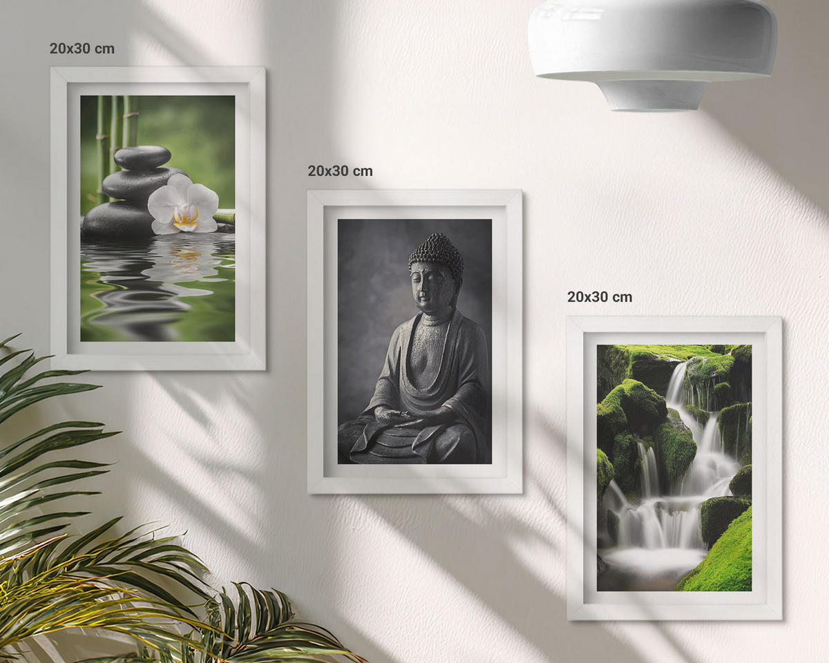 WANDBILDER 3er-Set - 20x30 cm Weißer Rahmen - Entspannende Zen-Wassermalerei - Weiß, Kunststoff (20/30cm) - ArtPrintCave