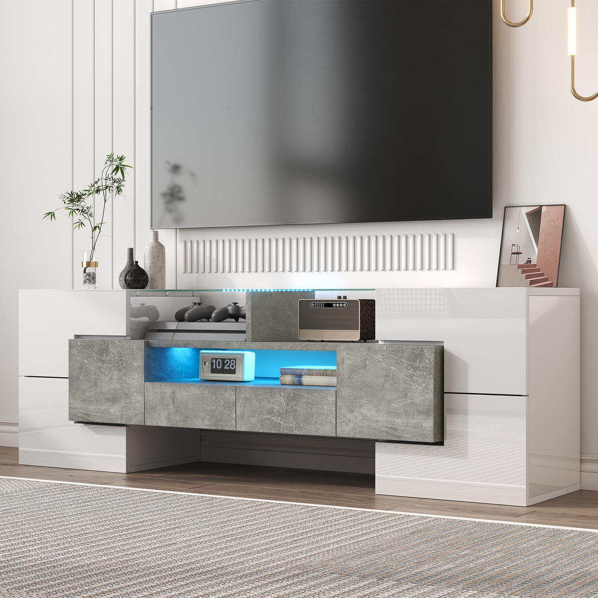 TV-SCHRANK in Hochglanz Weiß/Beton mit LED, 6 Türen und 2 Schubladen 145/30/51 cm - Weiß, Holzwerkstoff (145/51/30cm) - Redom