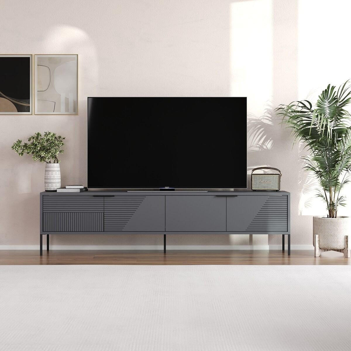 TV-MÖBEL auf Füßen mit 2 klappbaren, gerippten Türen 30/180/45 cm - Anthrazit, Holzwerkstoff (30/45/180cm) - Calicosy