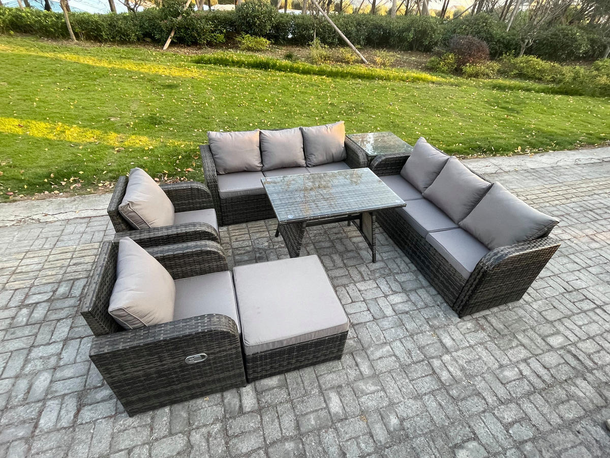 GARTENSET Hohe Rückenlehne Polyrattan 9-Sitzer - Dunkelgrau/Grau, Glas/Kunststoff - Fimous