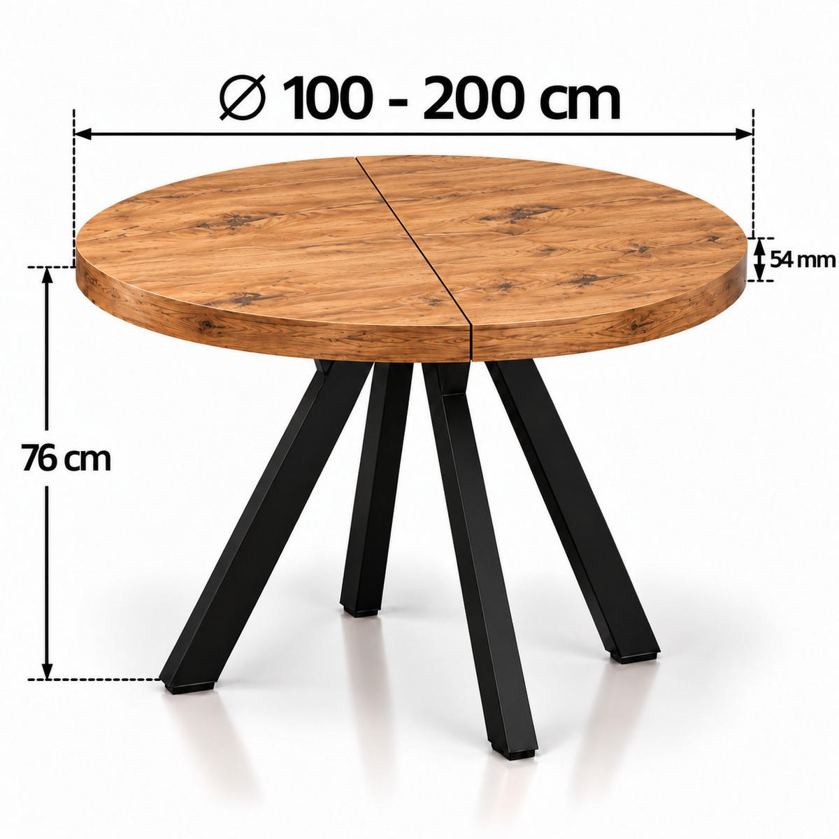 ESSTISCH rund ausziehbar 100/200/76 cm, Eiche Craft, 54 cm Tischplatte + Y Metallgestell Schwarz - Eichefarben/Schwarz, Holzwerkstoff/Metall (100/200/76cm) - Damale Möbel