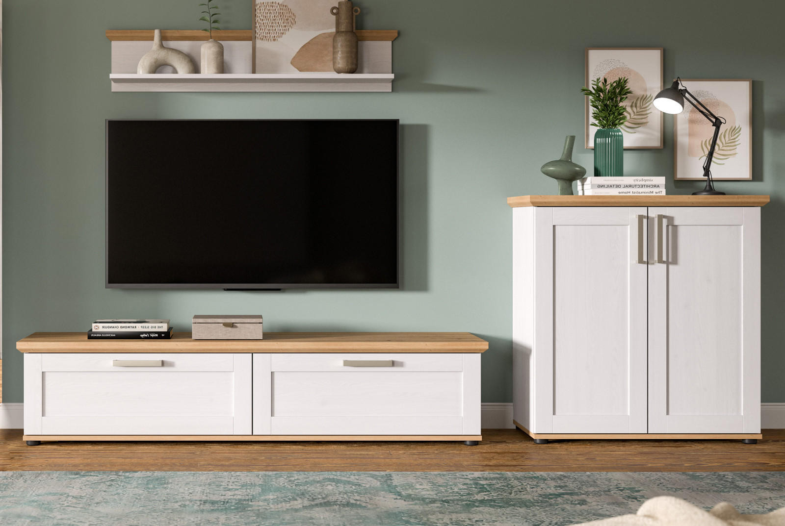 WOHNWAND 3-teilig weiß Lärche, Eiche Artisan 260 cm Landhaus, Schrankwand mit viel Stauraum - Silberfarben/Schwarz, Holzwerkstoff/Kunststoff (260/151/40cm) - Inn.Furn