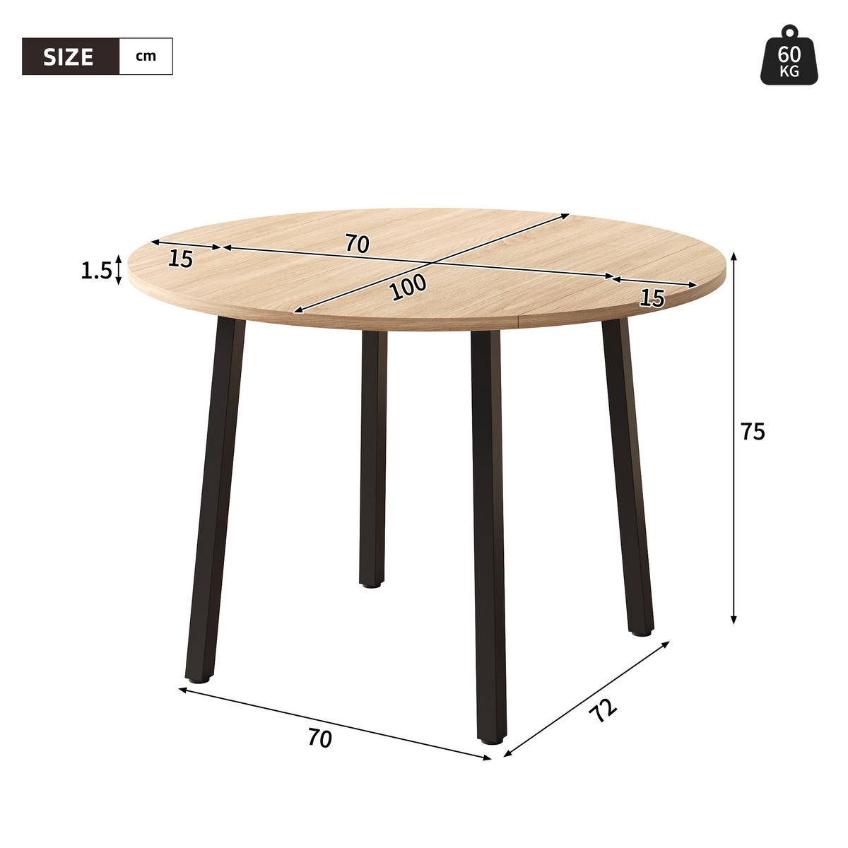 ESSTISCH Klappbar Rund Eichenfarbe Metallbeine 100x100cm - Eichefarben, Holzwerkstoff (100/100/75cm) - FLIEKS