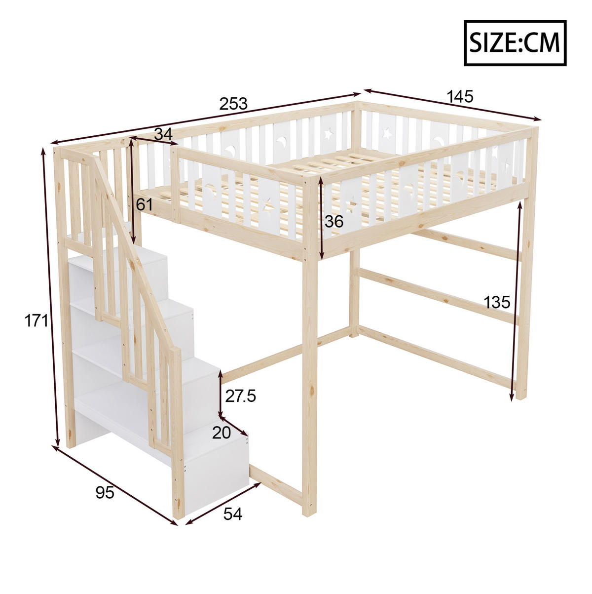 HOCHBETT 140/200 cm aus Massivholz mit Treppe, Natur/Weiß - Naturfarben, Holz (140/200cm) - OKMYHOME