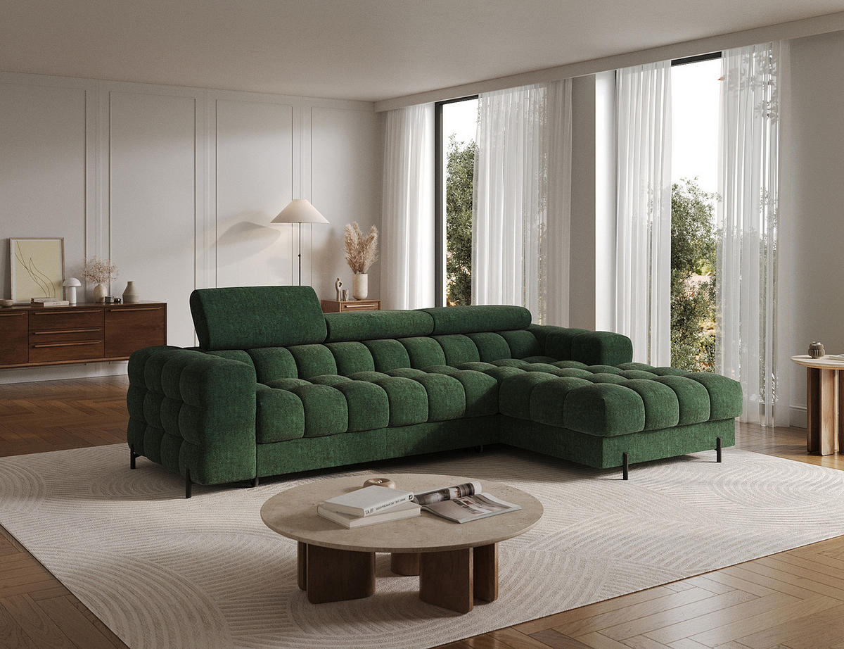 ECKSOFA FELRO mit Schlaffunktion, Bettkasten & verstellbaren Kopfstützen – Modernes Premium-Ecksofa in L-Form - Grün, Kunststoff (181/285cm) - Wohnideebilder