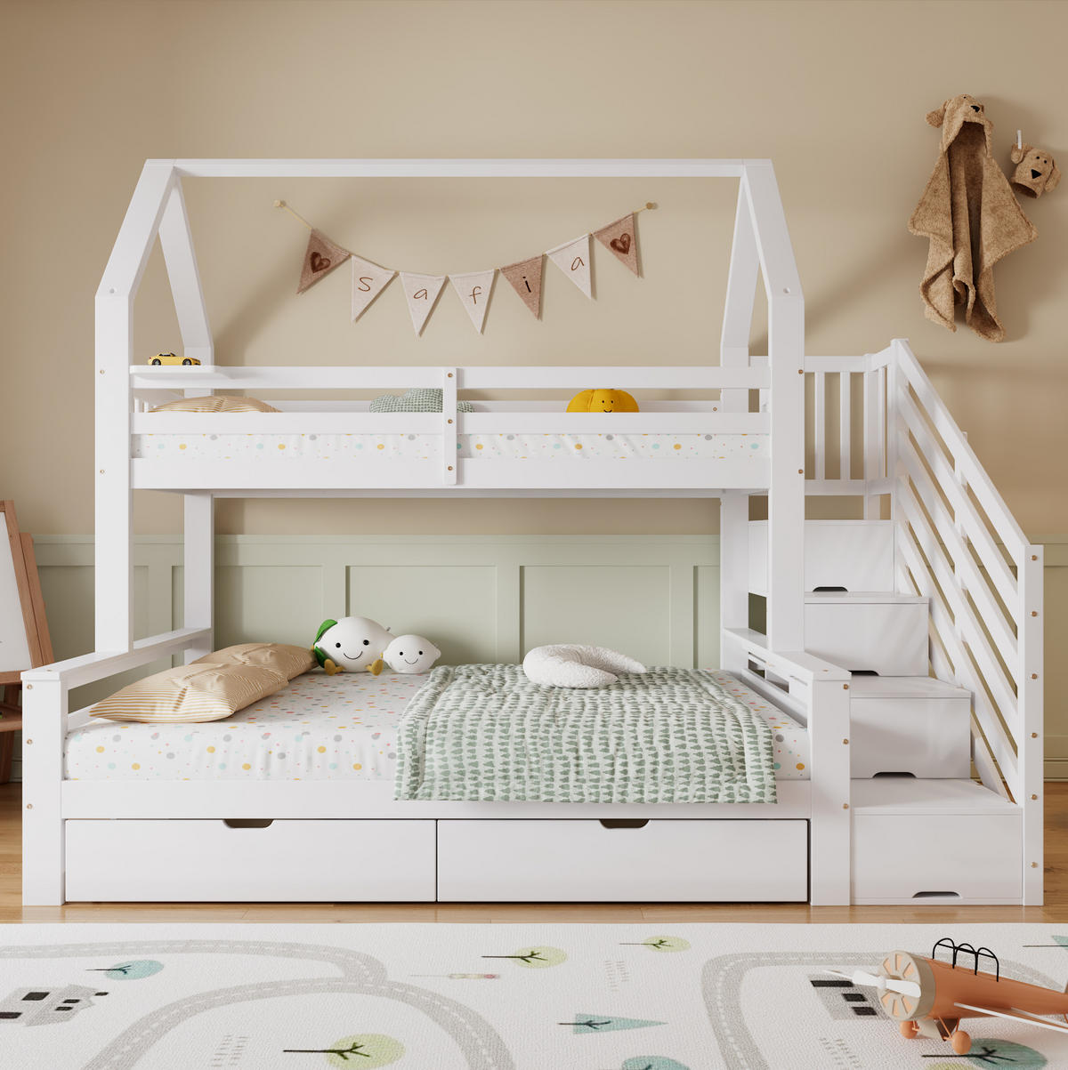KINDERETAGENBETT aus Kiefernholz 90x200/140x200 cm Weiß mit Stauraumtreppe und Schubladen - Weiß, Holzwerkstoff (90/200cm) - IVMEU