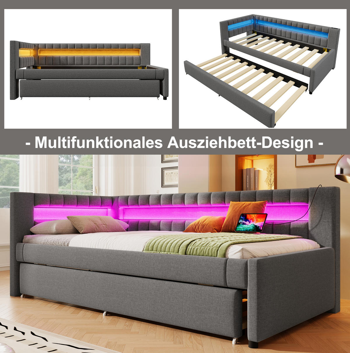 POLSTERBETT 90/200 cm Grau aus Leinen mit Ausziehbett und LED-Beleuchtung - Grau, Textil (90/200cm) - OKMYHOME