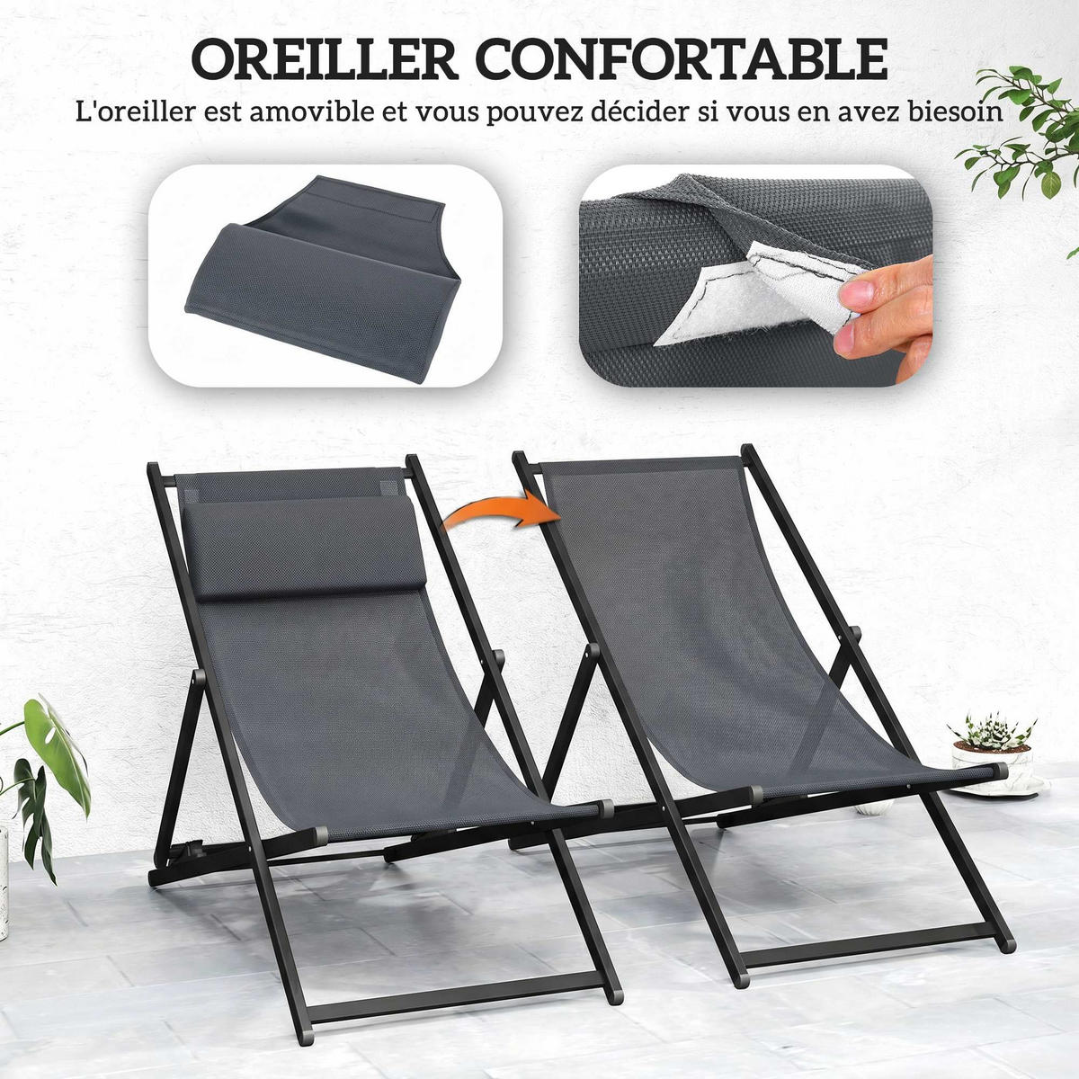 SONNENLIEGE 2er-Set DE-15639 klappbar, 5-fach verstellbar mit Kopfkissen Dunkelgrau - Dunkelgrau, Metall (60/85/100cm) - ComfortXL