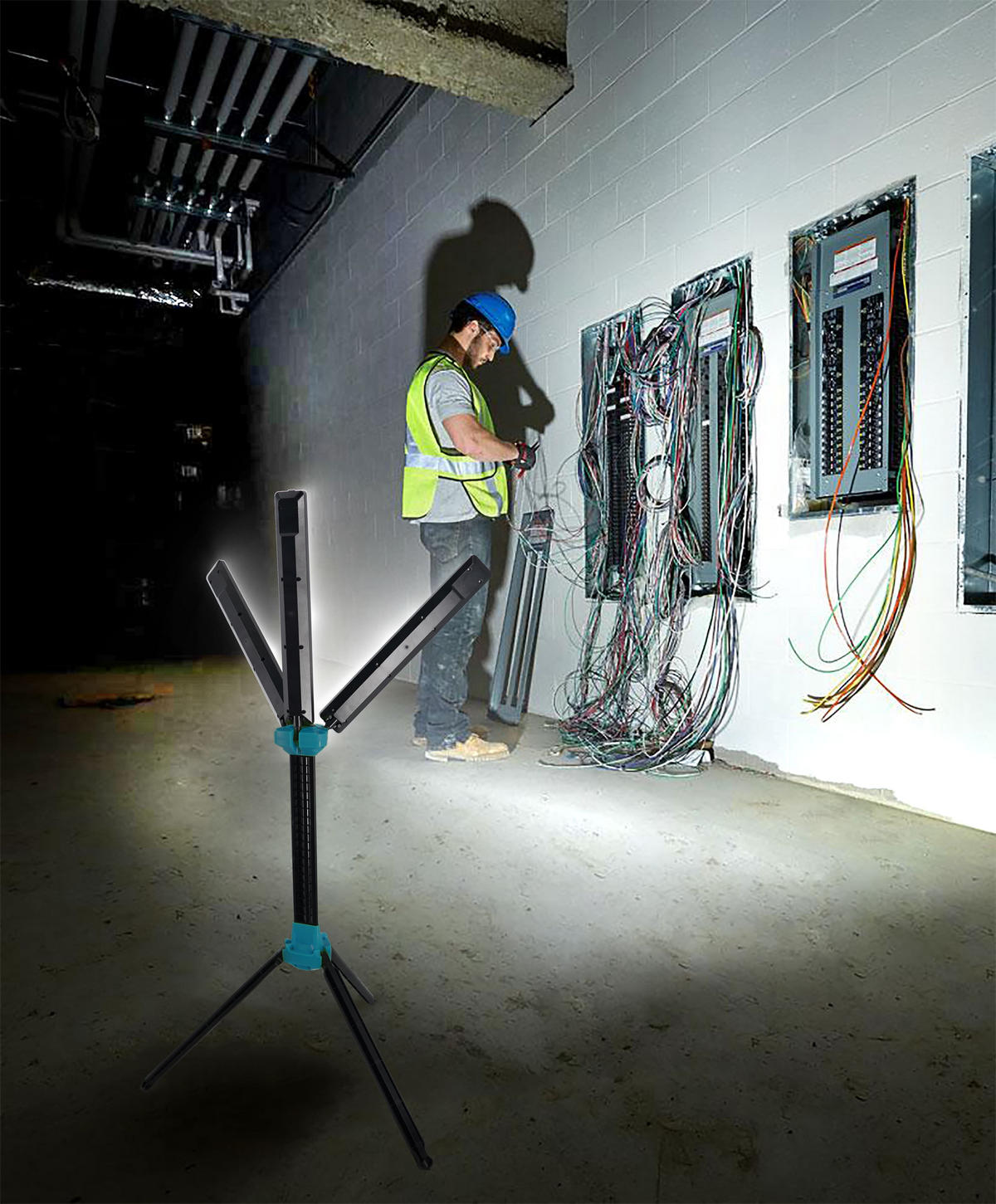 360°-AKKU-LED-STRAHLER - mit Stativ und 3 Lichtpanelen für gleichmäßige Beleuchtung in Werkstätten und Baustellen, 1er-Set - Weiß, Kunststoff (9/9/99cm) - Northpoint