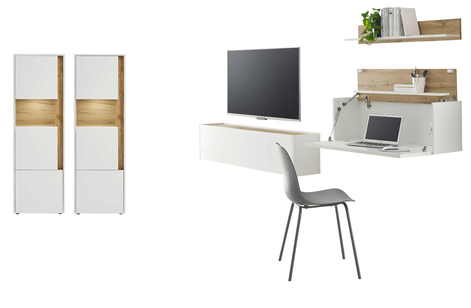 Furn.Design Wohnwand Weiß, Eiche Wotan 410x170x40 cm