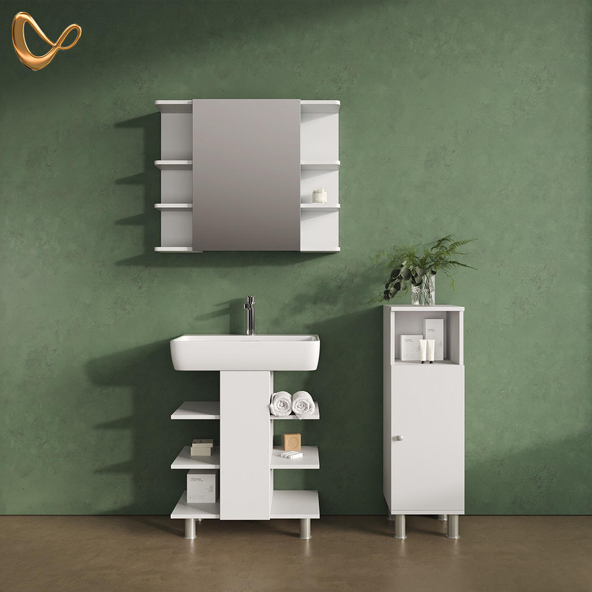 BADMÖBEL-SET Fucino Weiß 3 Teile, mit Midischrank - Weiß, Holzwerkstoff (79.6/95/36.6cm) - Livinity®