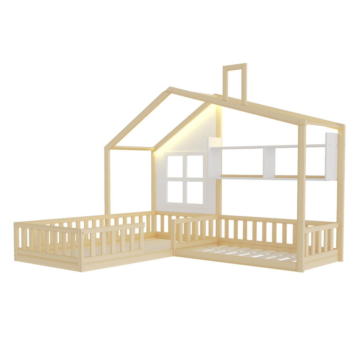 HAUSBETT 90/200 cm naturfarben weiß aus Massivholz mit LED und Regal - Naturfarben, Holz (90/200cm) - OKWISH