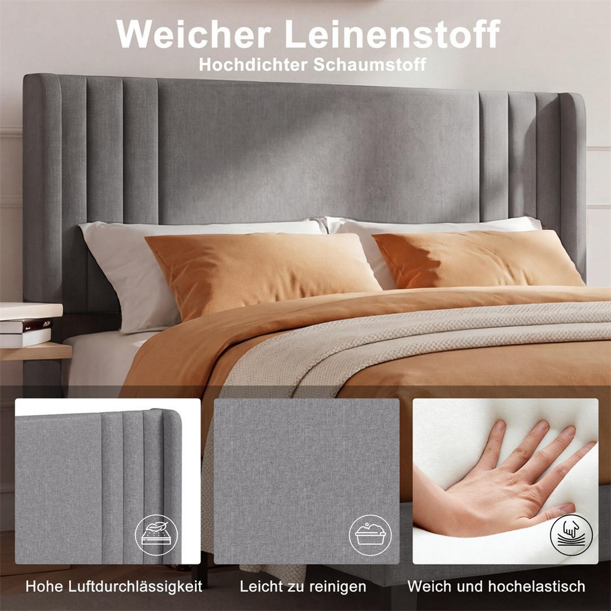 POLSTERBETT 160 x 200 cm aus Leinen mit gepolstertem Kopfteil - tabile Bettbeine ohne Matratze - Grau - Grau, Textil (160/200cm) - DELFA