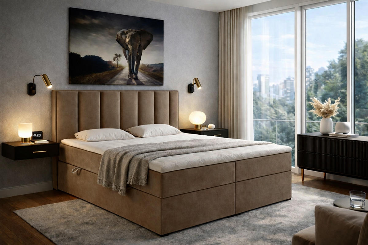 BOXSPRINGBETT HUGO, 160 x 200 cm, Bettkasten, H4, braun - Braun, Textil (160/200cm) - Labett