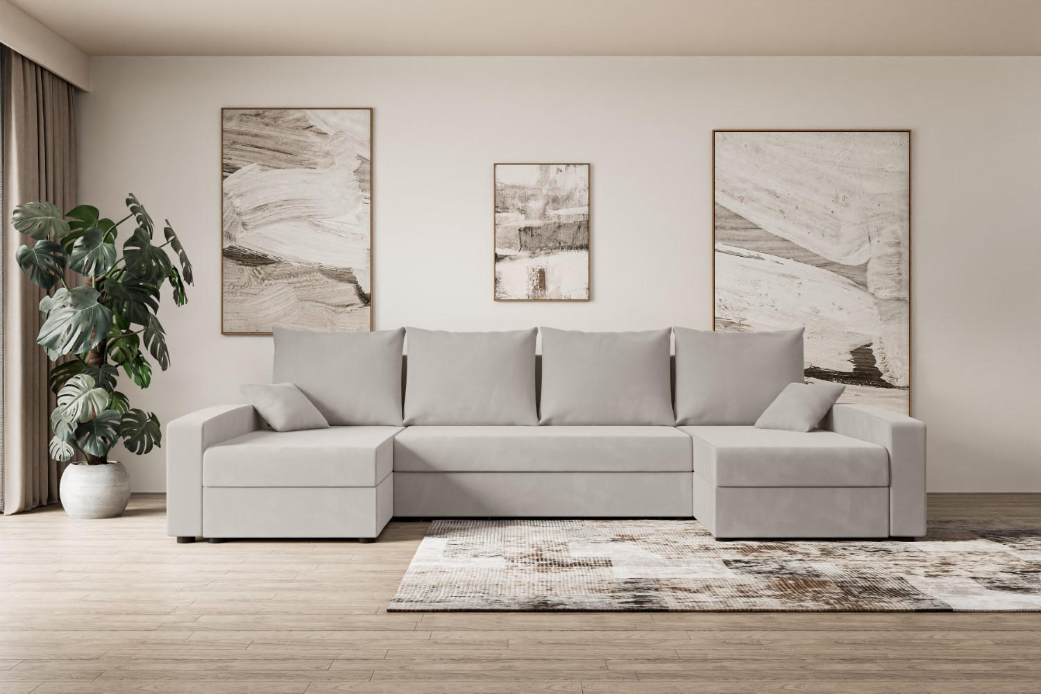 WOHNLANDSCHAFT mit Schlaffunktion und Bettkasten ALESIA-U 301x140x90 cm Hellbraun Velours - Hellbraun/Silberfarben, Holzwerkstoff/Kunststoff (301/90/140cm) - ALTDECOR