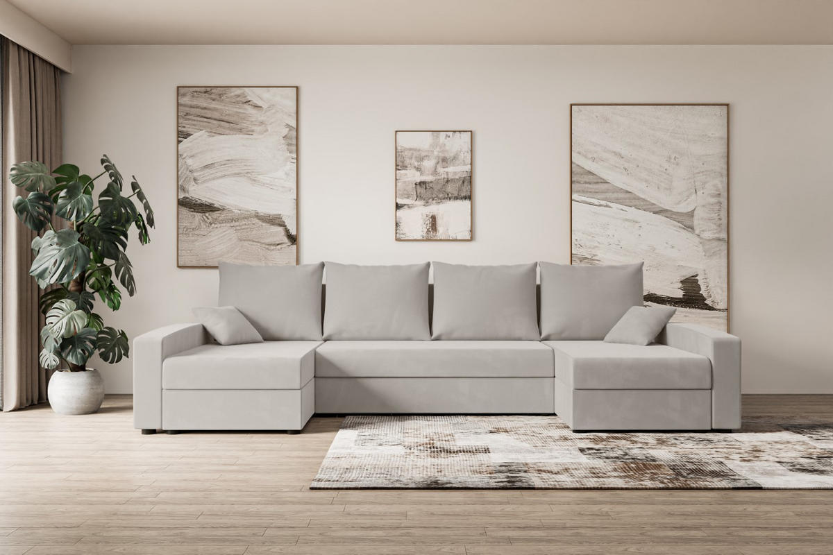 WOHNLANDSCHAFT mit Schlaffunktion und Bettkasten ALESIA-U 301x140x90 cm Hellbraun Velours - Hellbraun/Silberfarben, Holzwerkstoff/Kunststoff (301/90/140cm) - ALTDECOR