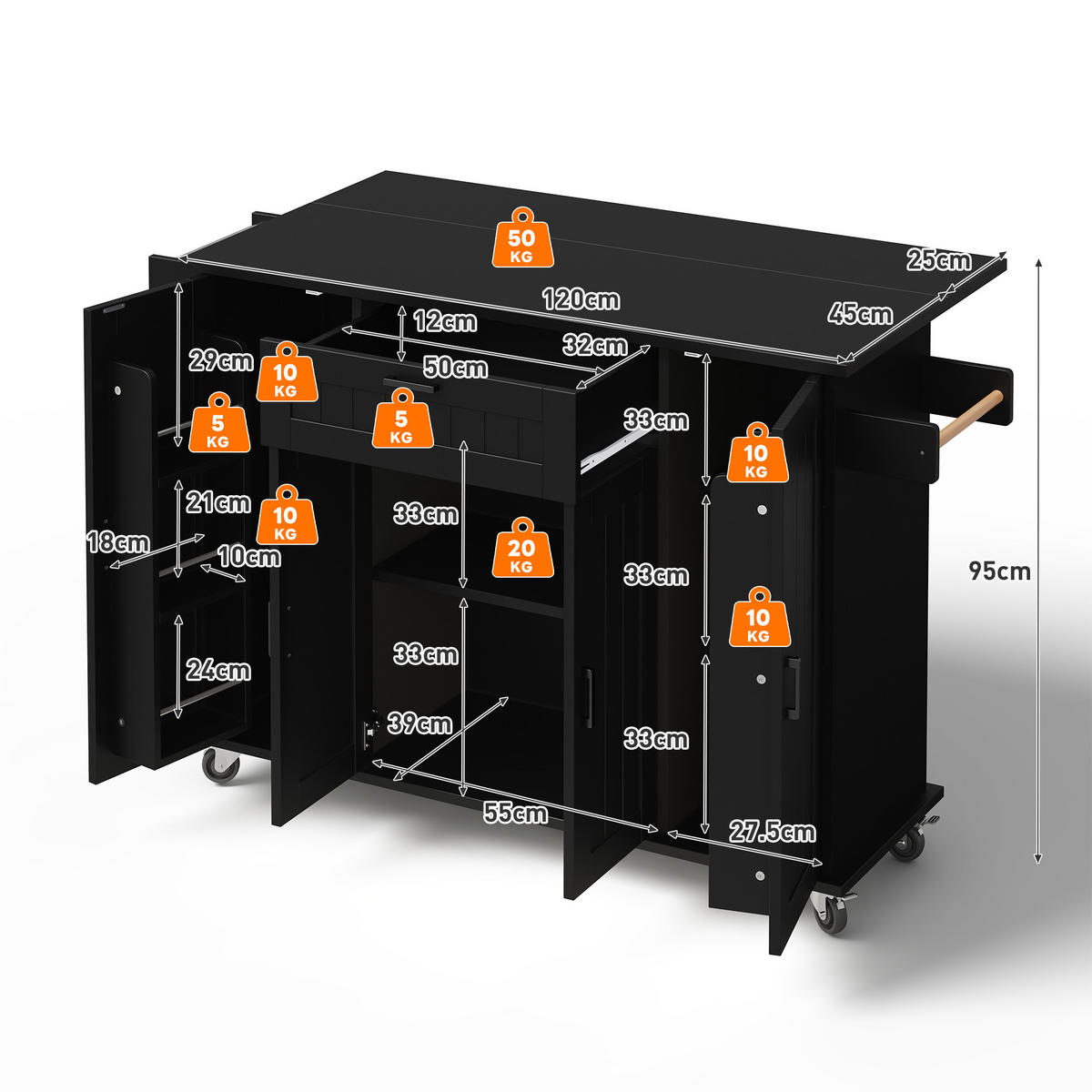 KÜCHENINSEL 120x70x95cm Schwarz mit Klappplatte, 4 Türen & Ablagen - Schwarz, Holzwerkstoff (120/95/70cm) - Modfu