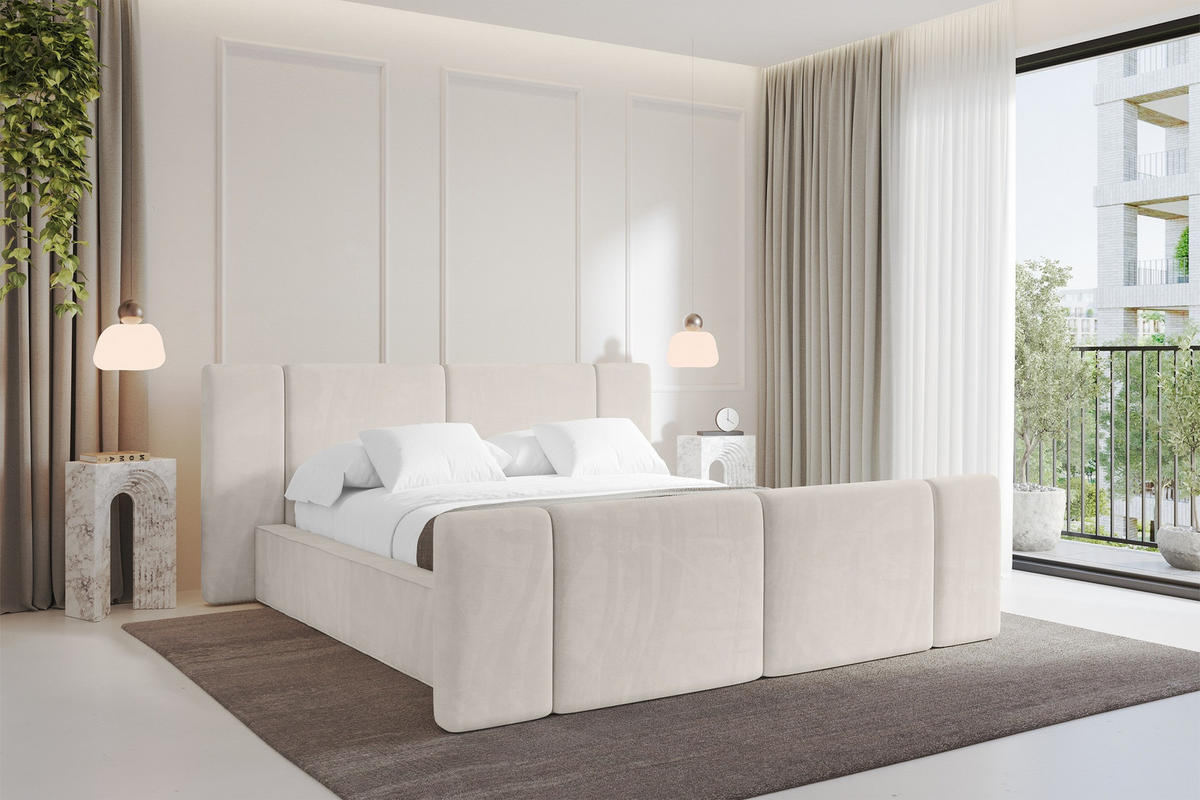 POLSTERBETT mit Bettkasten, Fußteil und Lattenrost, Boxbett ohne Matratze - RIVO-Z 200x200 Beige - Ecru, Holzwerkstoff/Textil (200/200cm) - ALTDECOR