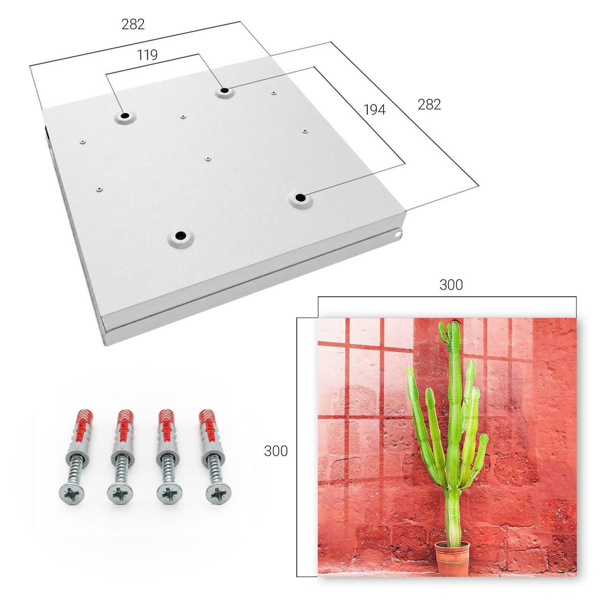 SCHLÜSSELBOX Weiß 30x30 cm – Türöffnung nach rechts - Grüner Kaktus - Rot, Metall (30/30/5cm) - TULUP