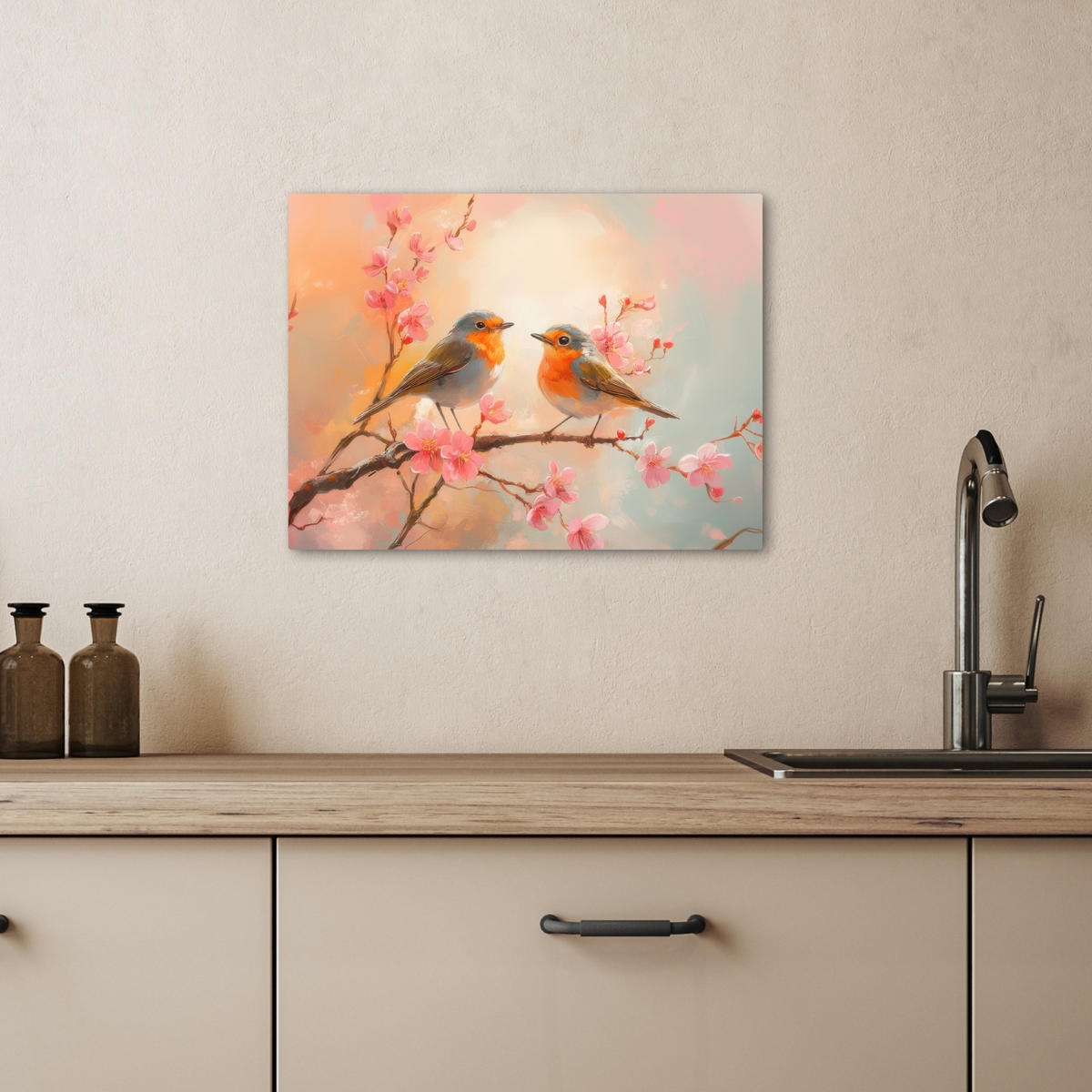 LEINWANDBILD Rotkehlchen - Zierpflanze - Blütenzweig 40x30 cm - Hellrosa, Textil (40/30cm) - MuchoWow