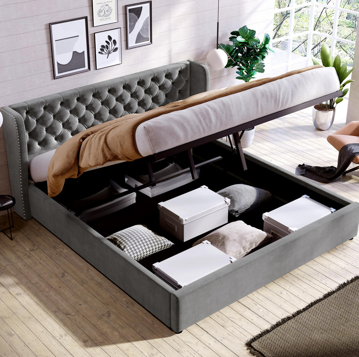 SAMT-POLSTERBETT 180/200 cm mit Bettkasten und gepolstertem Kopfteil in Grau - Grau, Textil (180/200cm) - BEAOK