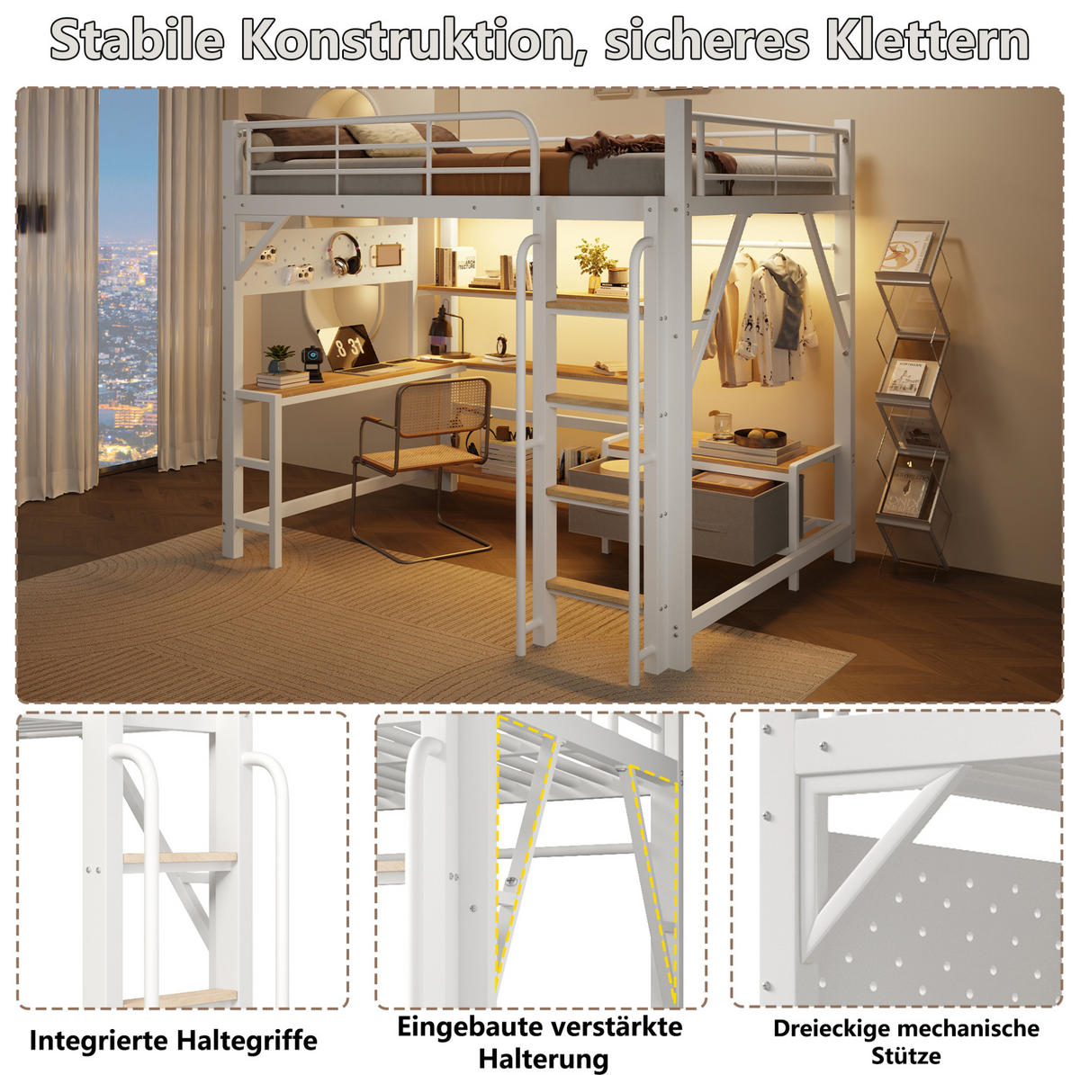 HOCHBETT aus Metall und MDF 140x200 cm Weiß mit Schreibtisch, LED-Leiste, USB und Stauraum - Weiß, Holzwerkstoff (140/200cm) - Modfu