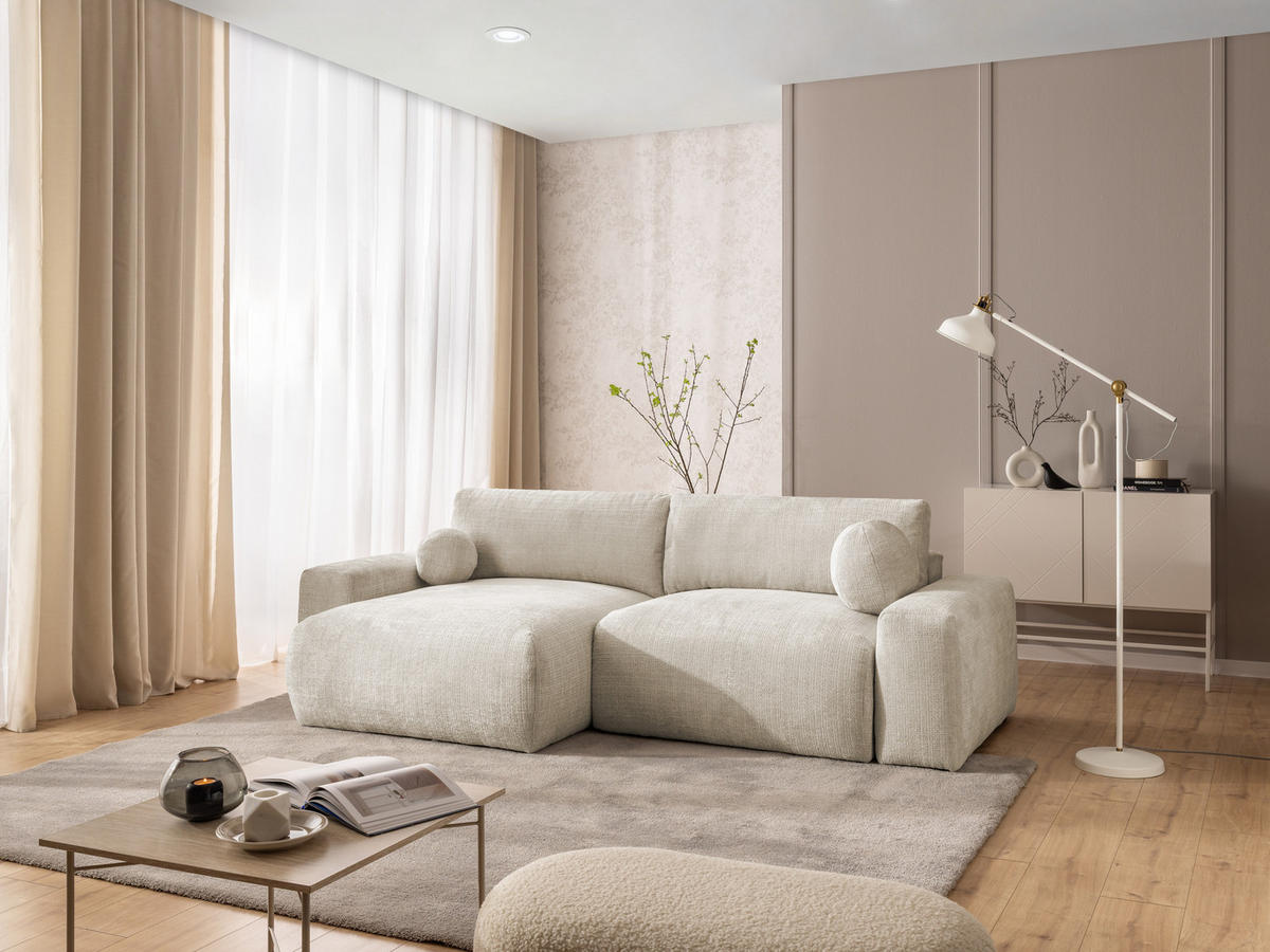 ECKSOFA Puffy mit Schlaffunktion und Bettkasten - besonders weich und puffig aus Beige Chenille-Stoff - Ottomane links - Beige/Creme, Holz/Kunststoff (138/266cm) - S-Style Möbel