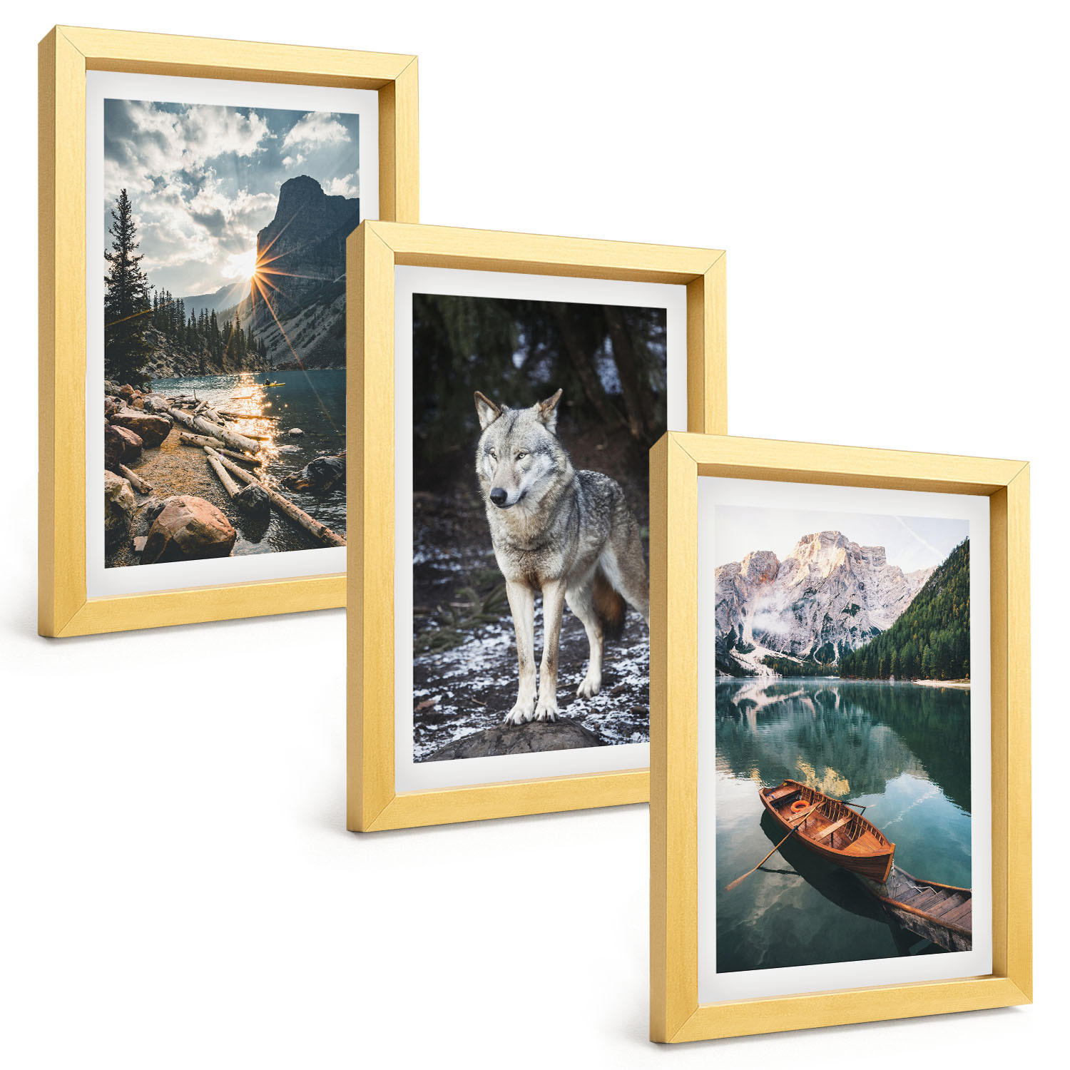 BILDER SET 3er Set - 20x30 cm Goldrahmen - Berge, Seen, Wölfe, Natur - Goldfarben, Kunststoff (20/30cm) - TULUP