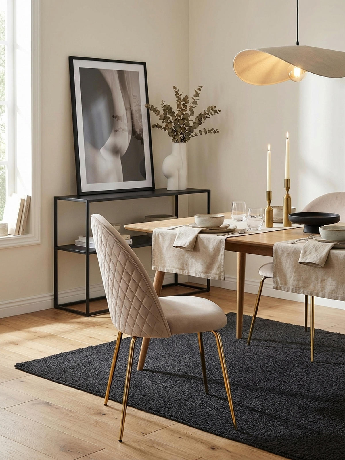 ESSZIMMERSTUHL 2er Set Samtbezug mit Metallgestell Diamantsteppung Skandinavisch gepolstert, Beige 53x50x87 cm - Beige/Goldfarben, Textil/Metall (53/87/50cm) - KADIMA DESIGN