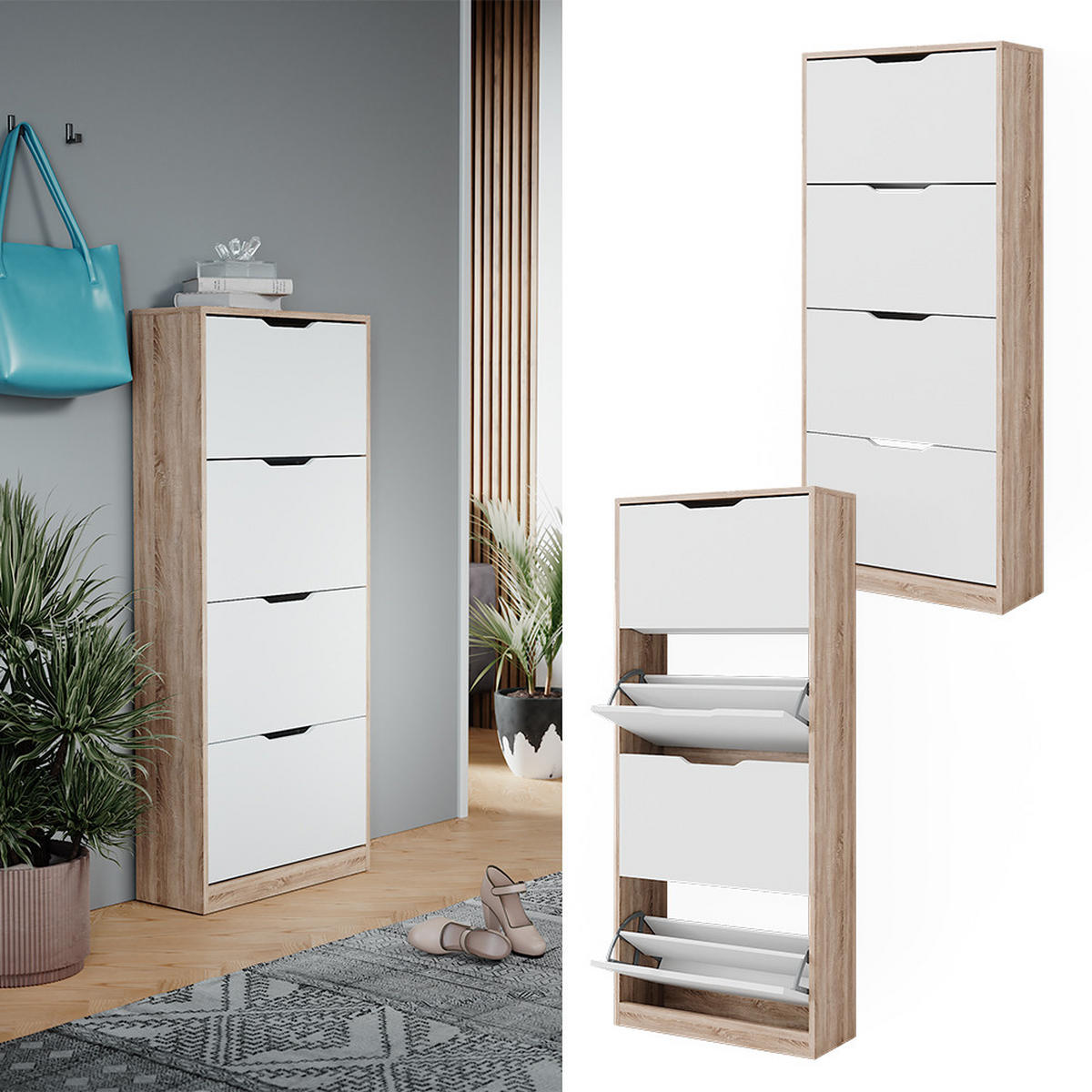 SCHUHKIPPER Luca Sonoma/Weiß 59 x 137 cm mit 4 Klappschubladen - Weiß/Sonoma Eiche, Holzwerkstoff (59/137/22cm) - Vicco