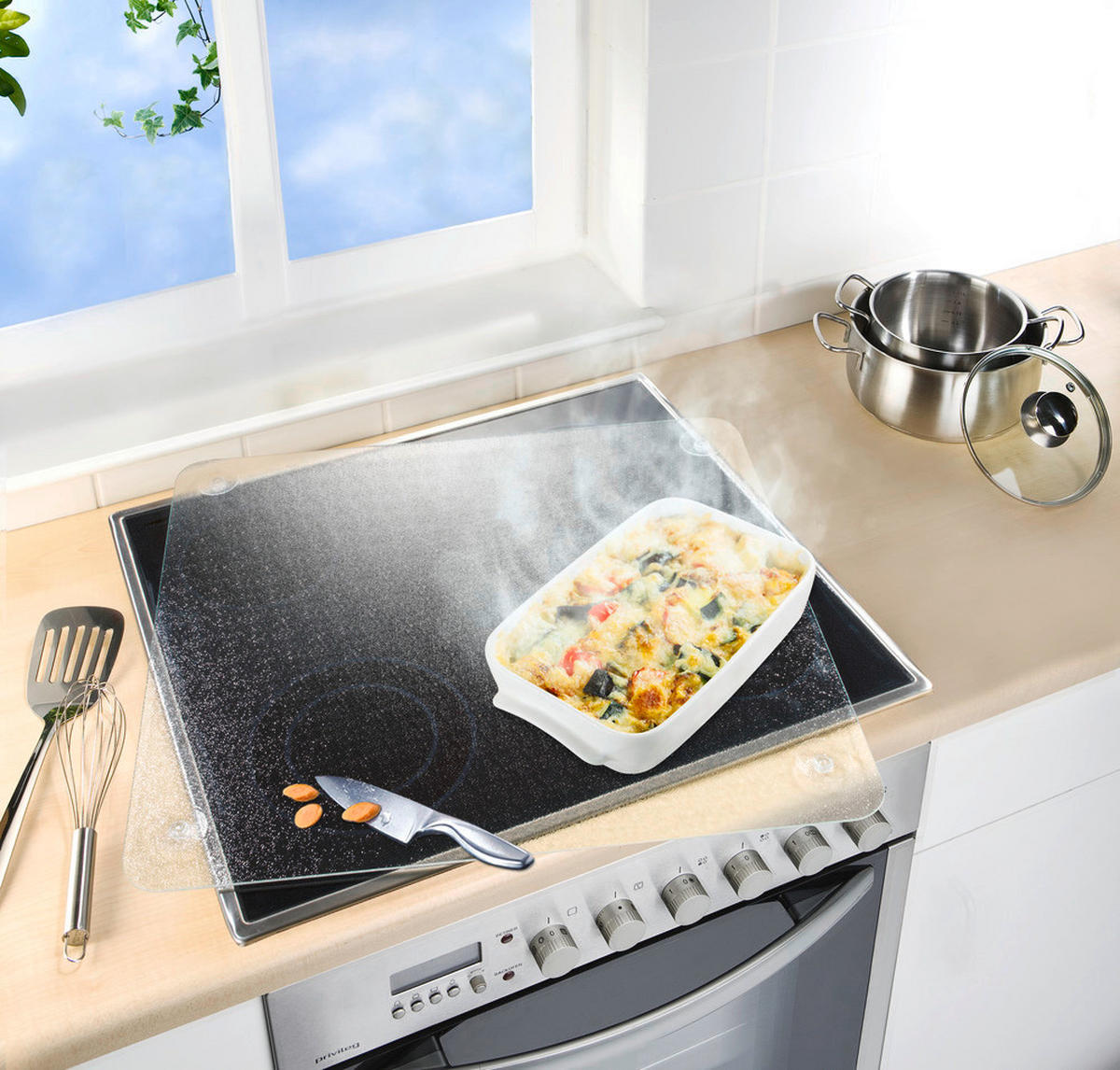 GLASSCHUTZPLATTE Universal-Schneidebrett - 3 in 1 56/50 cm - Transparent, Glas (50/56cm) - Wenko