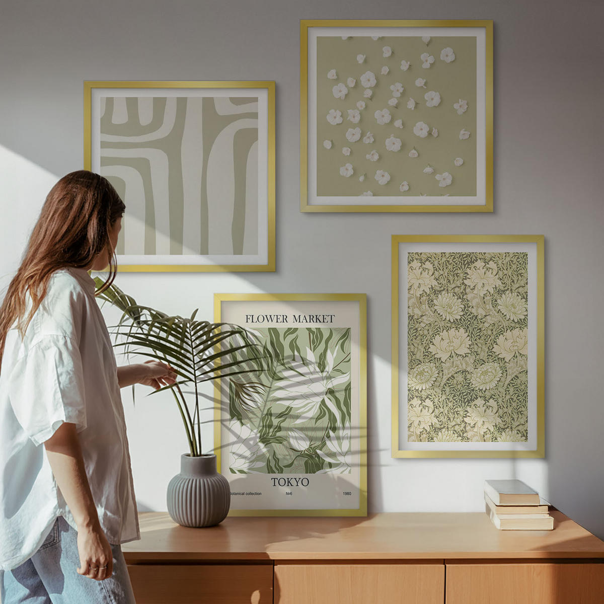 WANDBILDER 4er Set - 50x50 cm & 40x60 cm Goldrahmen - Boho-Pflanzenkompositionen in Pastellfarben - Goldfarben, Kunststoff (50/50cm) - ArtPrintCave