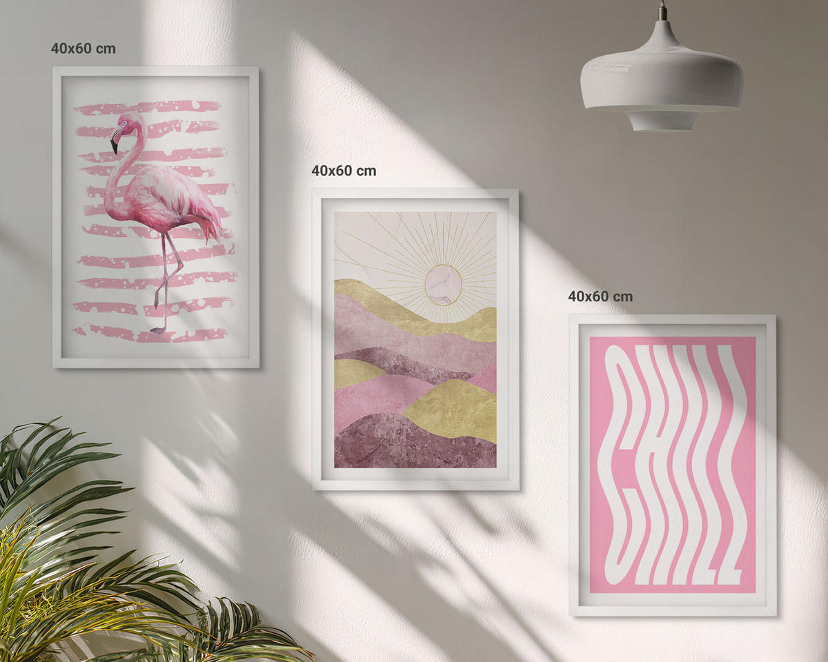 BILDER SET 3er Set - 40x60 cm Weißer Rahmen - Pastelllandschaft mit rosa Flamingos - Weiß, Kunststoff (40/60cm) - TULUP