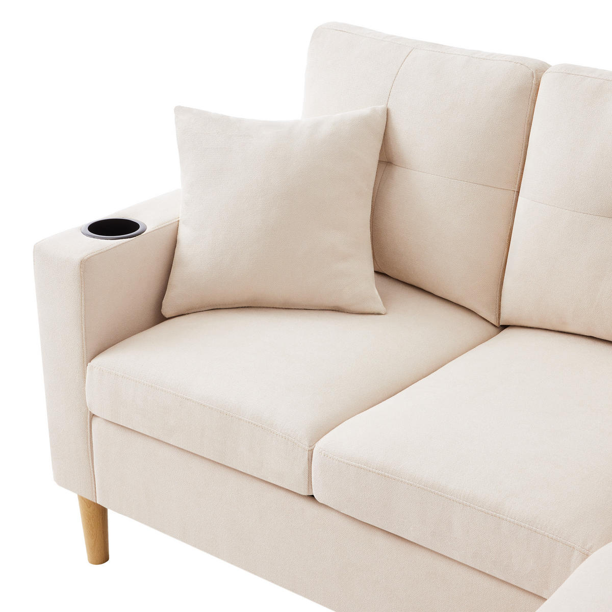 ECKSOFA Leinen Beige mit Stauraum, Getränkehalter und mit Kissen - Beige, Holzwerkstoff/Textil (175/129cm) - WISHDOR