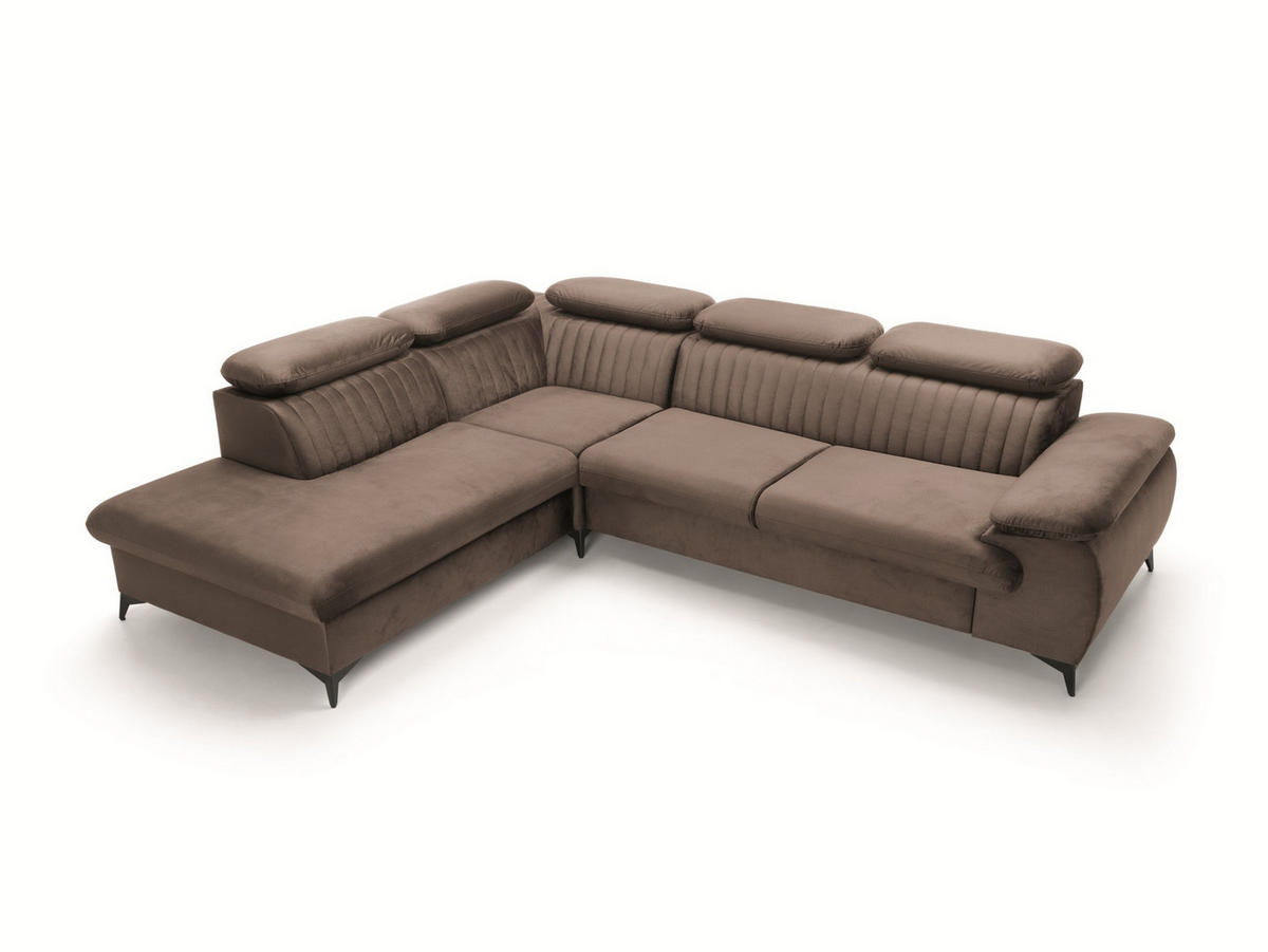 ECKSOFA FIORE Braun Velours-Stoff mit Schlaffunktion - Braun, Holz (275/221cm) - MASSENO
